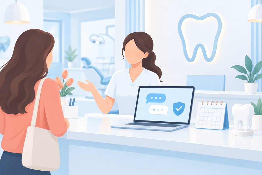 医院の受付のパソコンで、AIに相談しているイラスト
