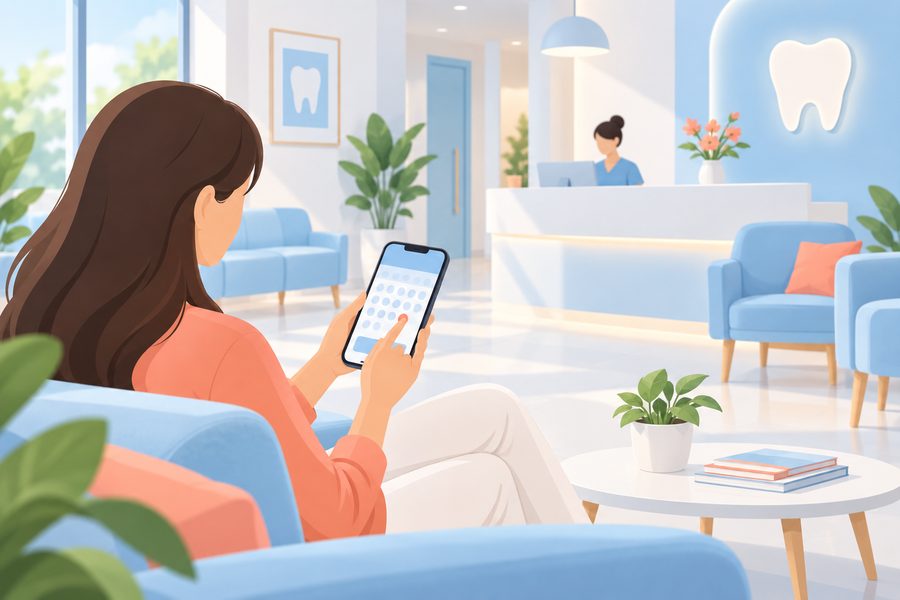歯科医院の待合室で、スマートフォンから予約を入れている患者さんのイラスト